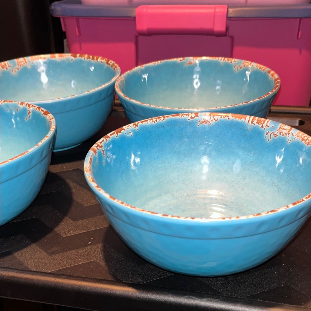 Williams Sonoma Aqua Blue Melamine cereal Bowls with Rust Trim, Set of 4 - Picture 4 of 5